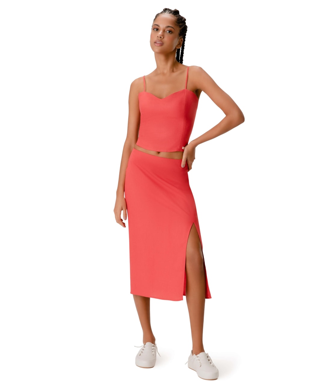 Saia Midi Social Linen Vermelho