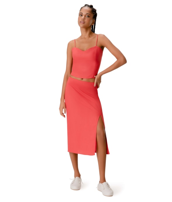 Saia Midi Social Linen Vermelho