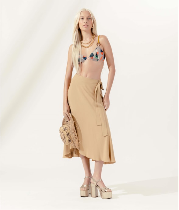 Saia Midi Transpassada Linen Blend Husk