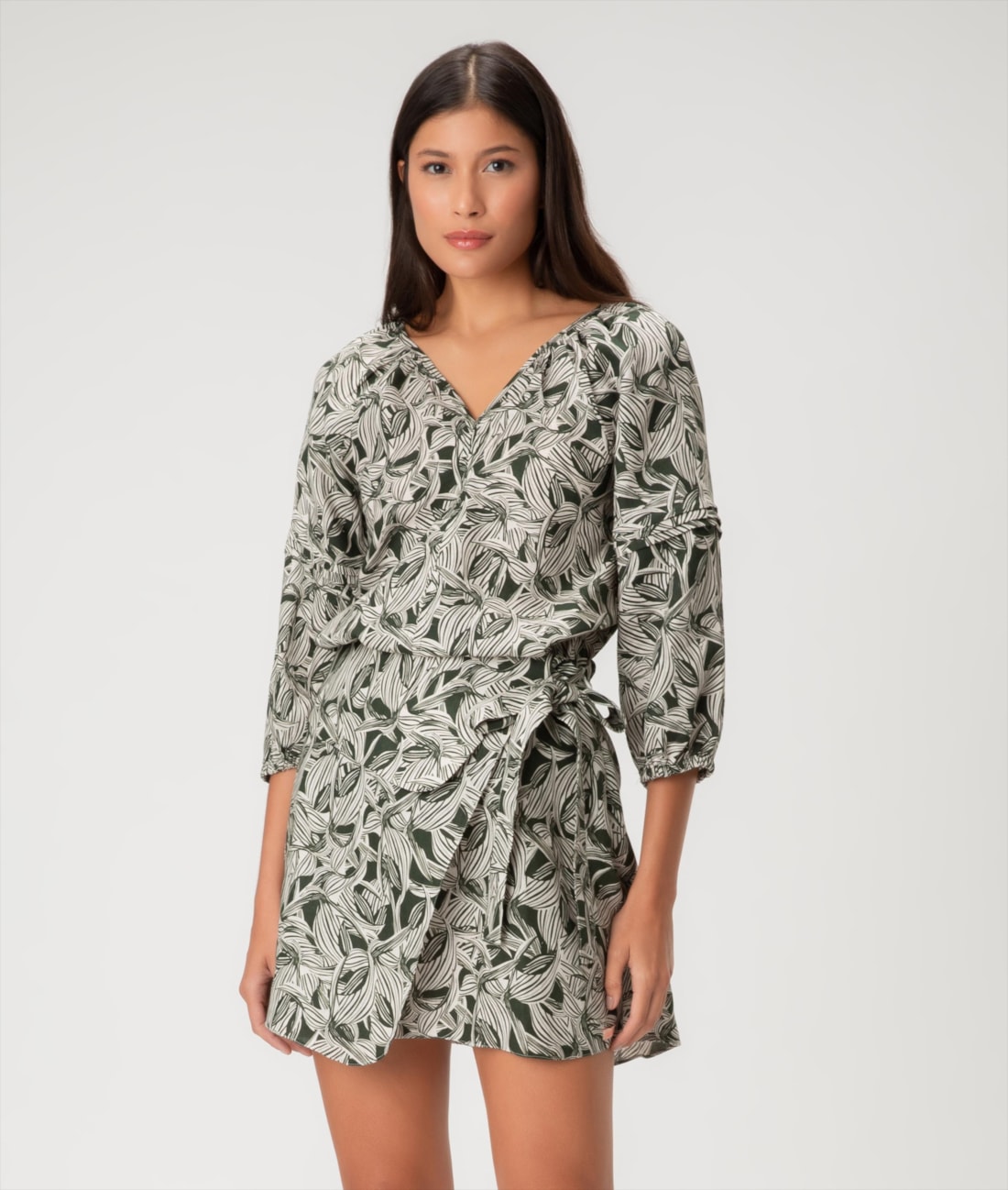 Saia Pala Amarração Linen Print Verde Escuro