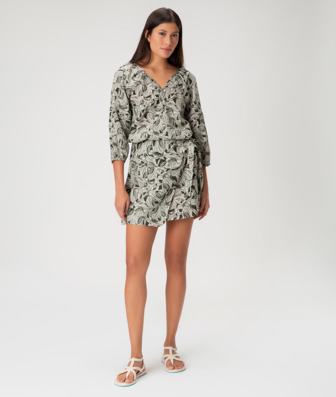 Saia Pala Amarração Linen Print Verde Escuro