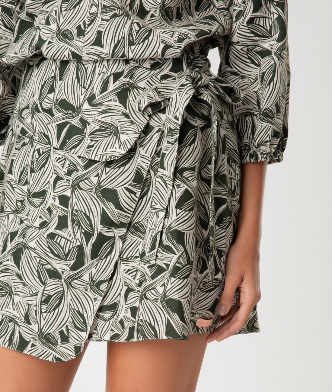 Saia Pala Amarração Linen Print Verde Escuro