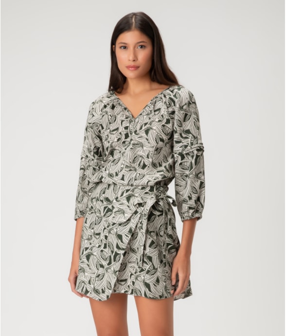 Saia Pala Amarração Linen Print Verde Escuro