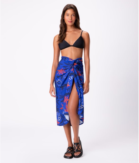 Saia Resort Pareô Viscose Print Azul Bic