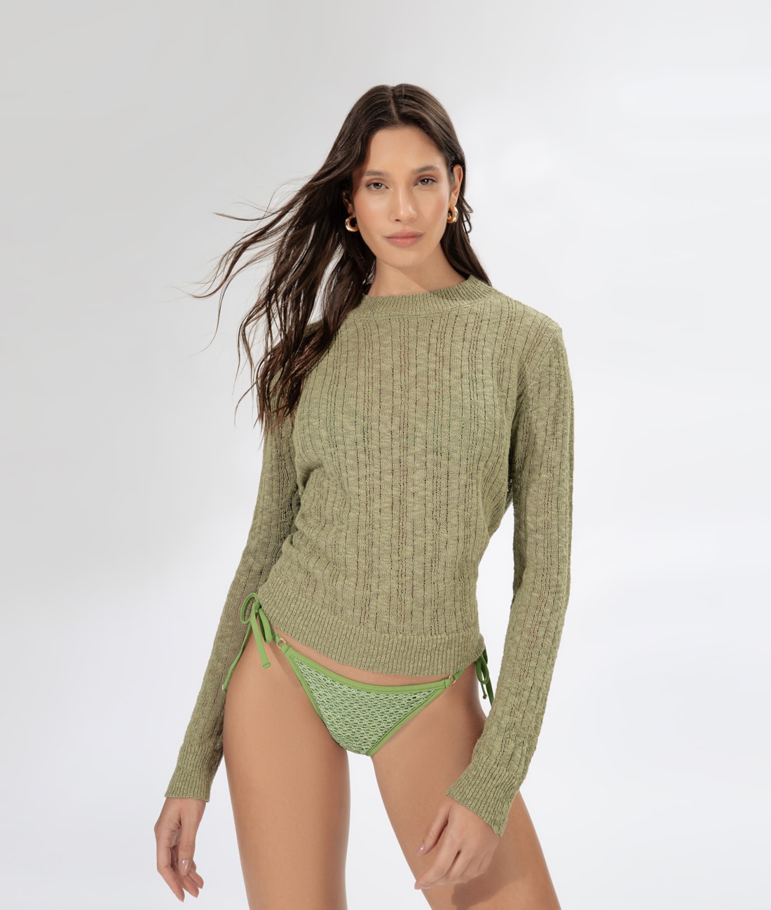 Suéter Manga Longa Tricot Verde Army