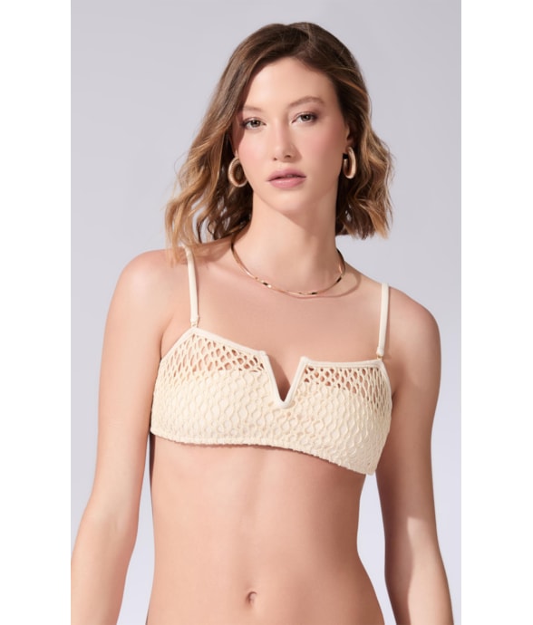Top Bustiê Decote v Mesh Lurex Natural