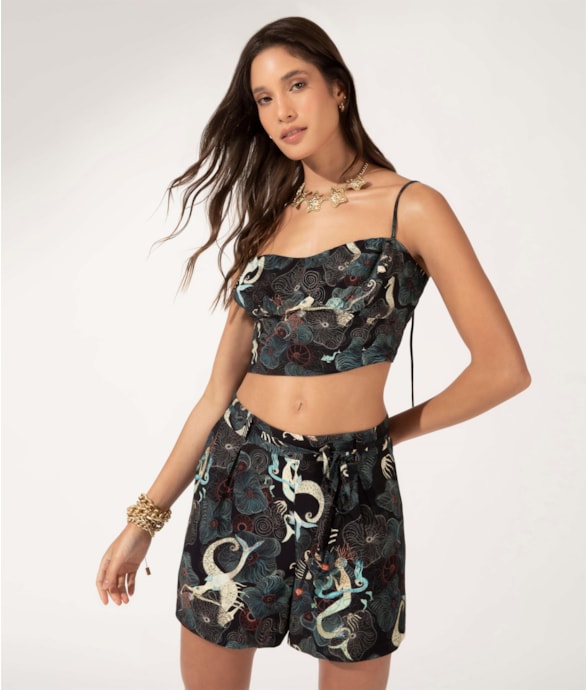 Top Cropped Lastex Sirena Preto