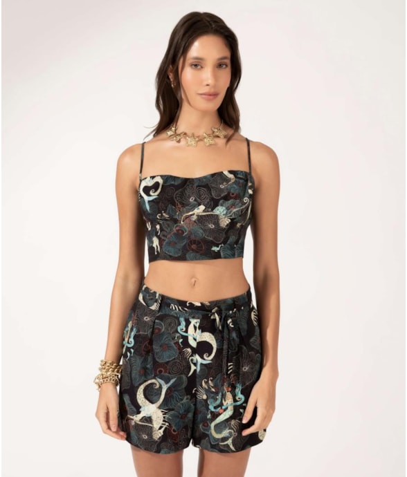 Top Cropped Lastex Sirena Preto