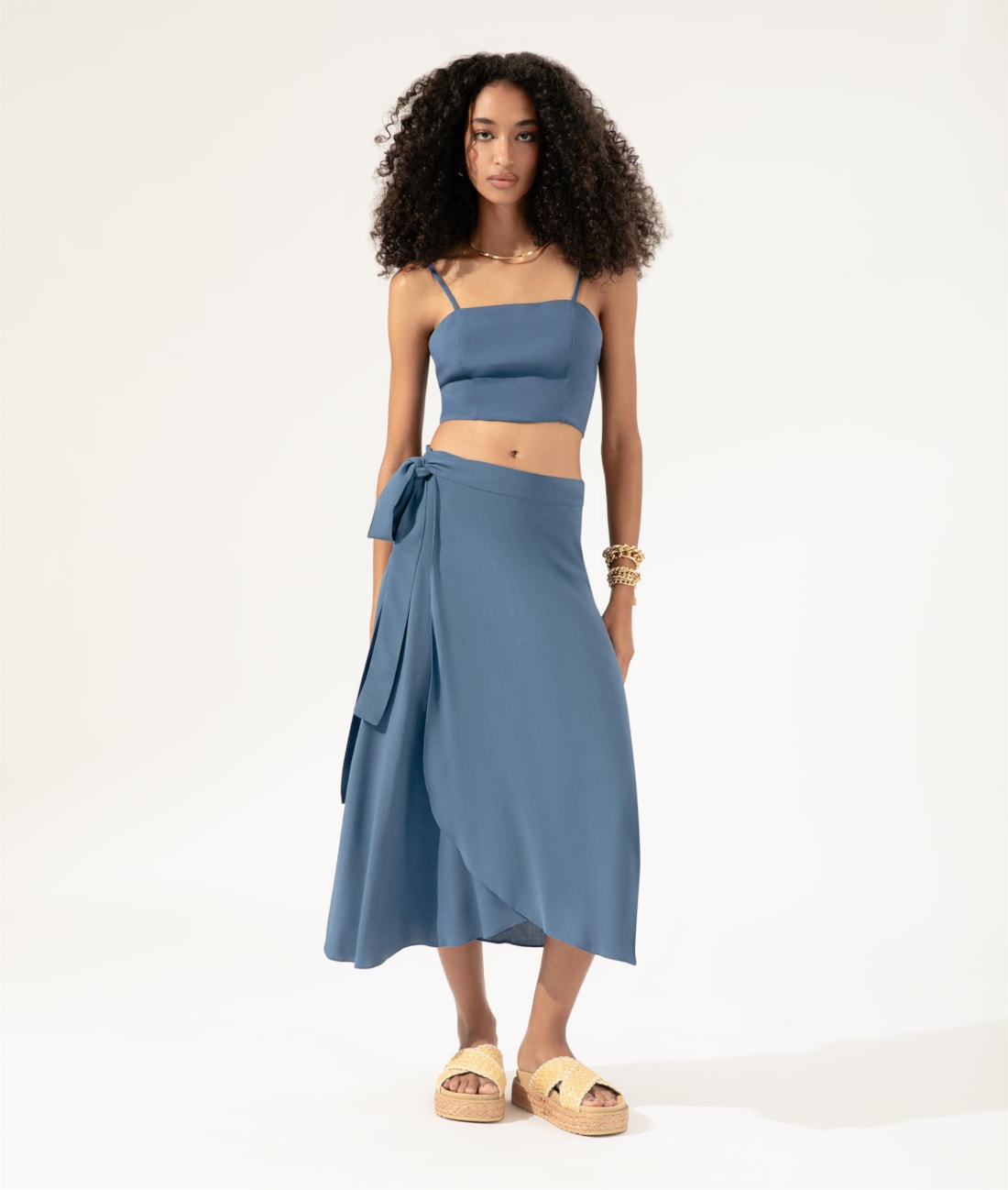 Top Cropped Transpasse Linen Blend Azul Seco