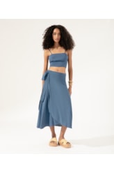 Top Cropped Transpasse Linen Blend Azul Seco