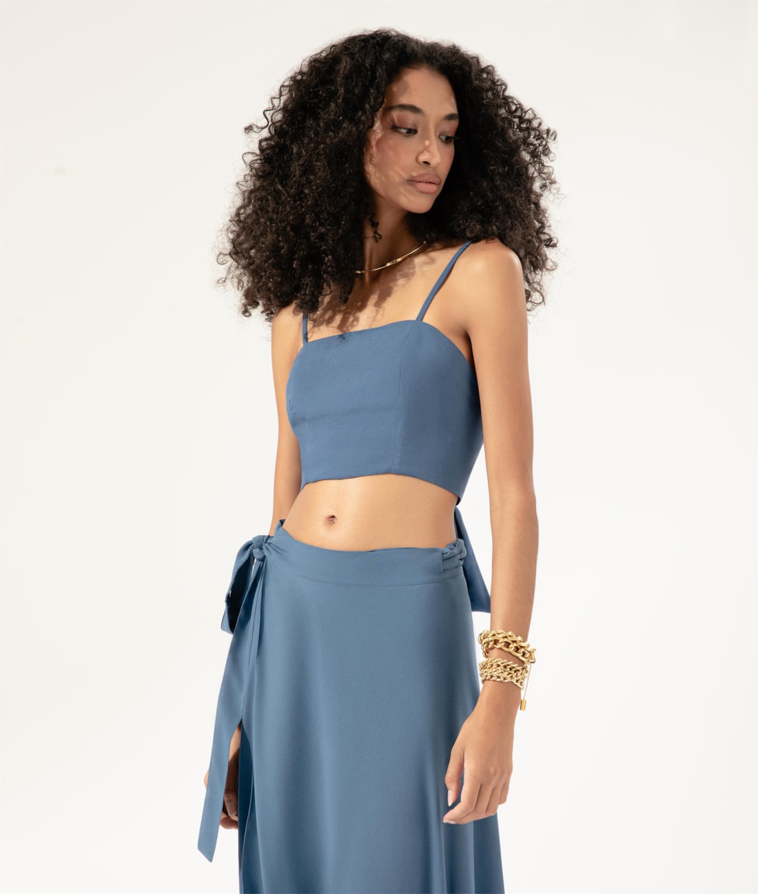 Top Cropped Transpasse Linen Blend Azul Seco