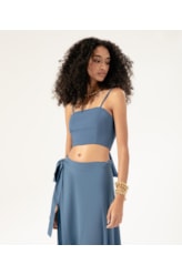 Top Cropped Transpasse Linen Blend Azul Seco