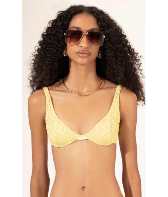 Top Meia Taça Recorte Comfort Mesh Lurex Amarelo Claro