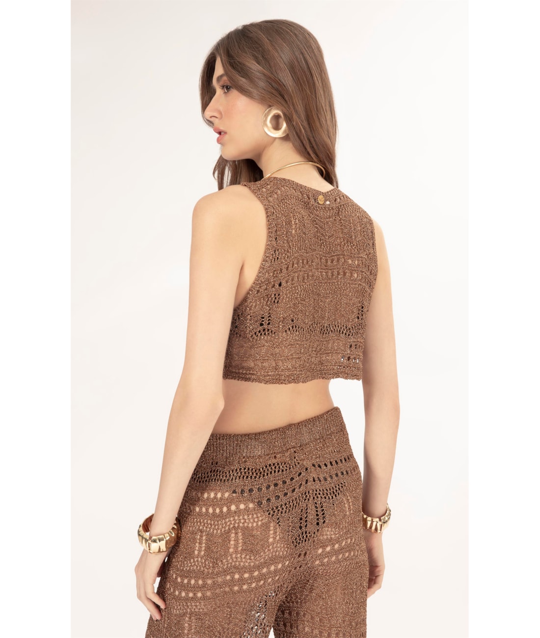 Top Tricot Lurex Rendado Caramelo
