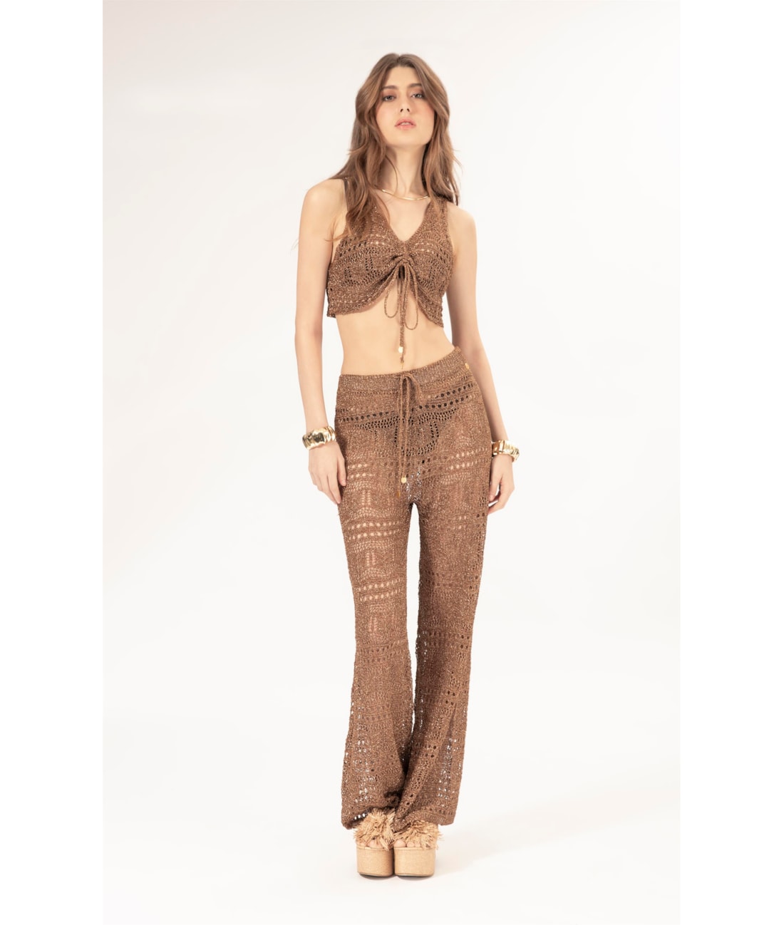 Top Tricot Lurex Rendado Caramelo