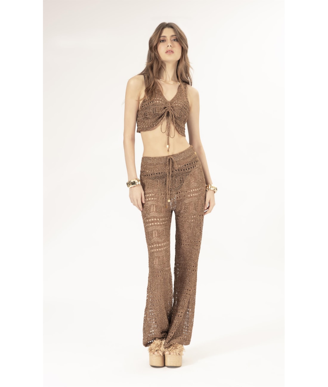 Top Tricot Lurex Rendado Caramelo