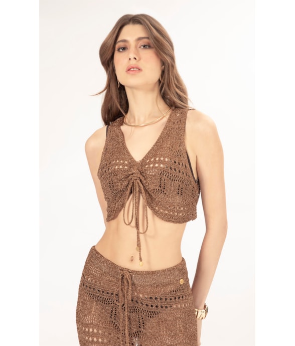 Top Tricot Lurex Rendado Caramelo