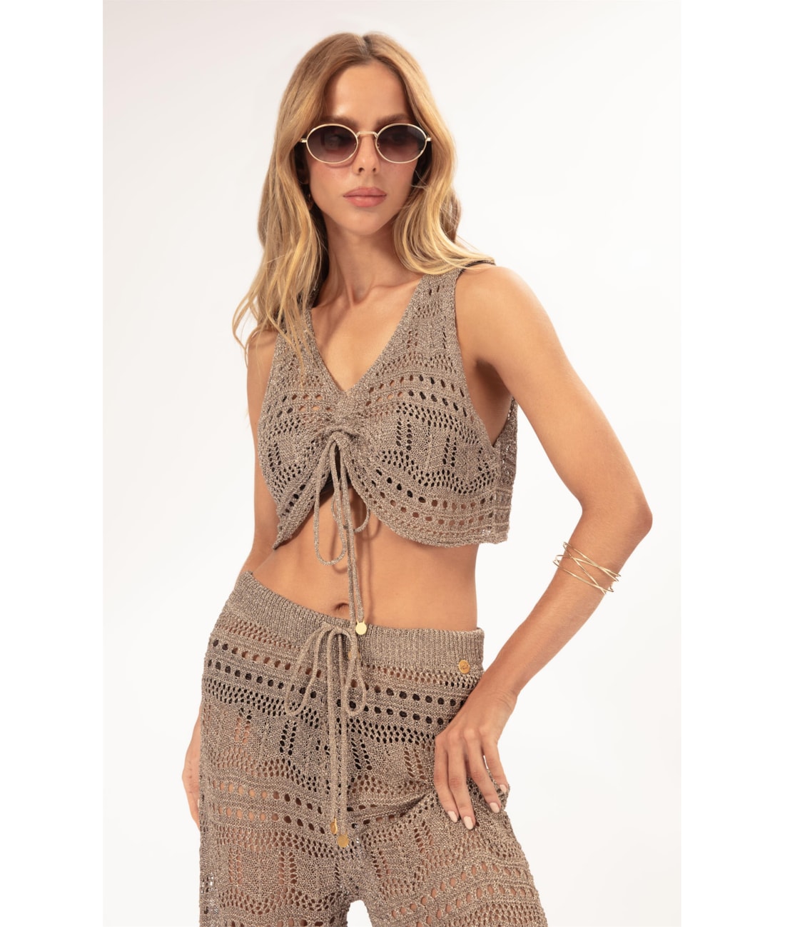Top Tricot Lurex Rendado Ouro