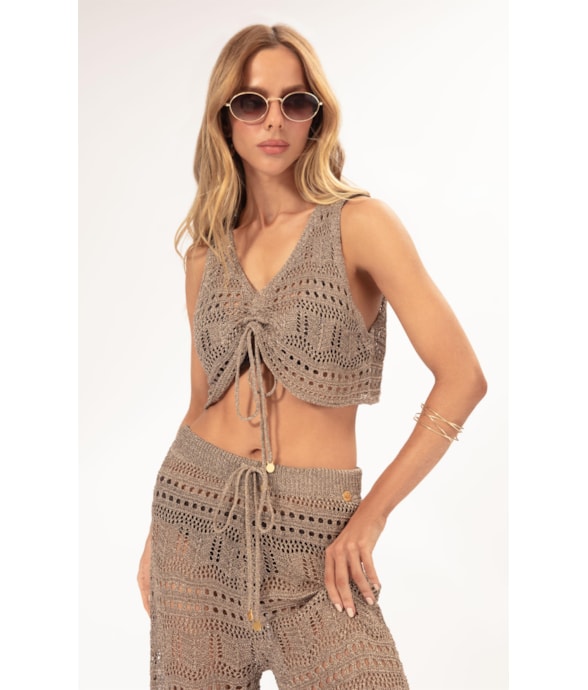 Top Tricot Lurex Rendado Ouro