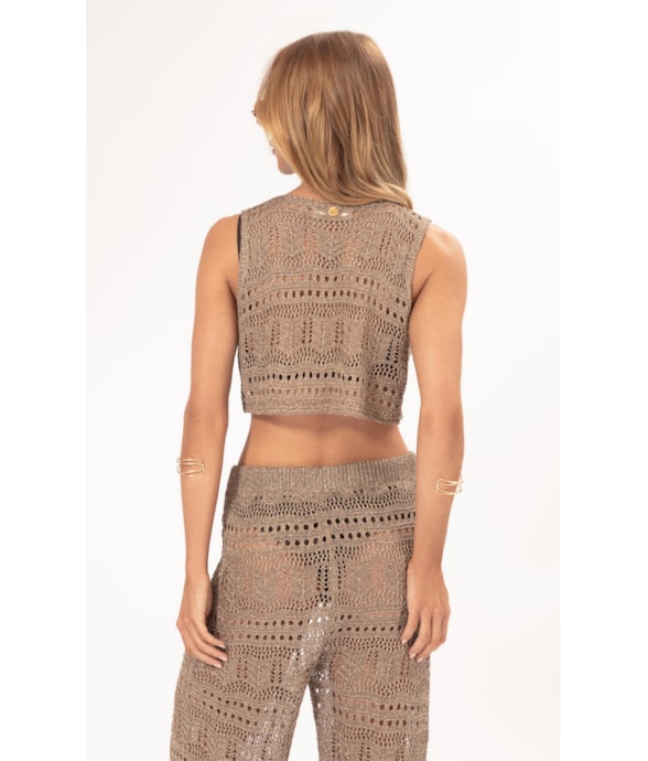 Top Tricot Lurex Rendado Ouro