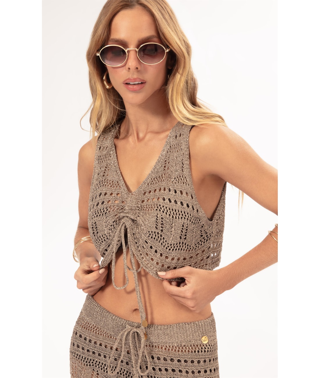 Top Tricot Lurex Rendado Ouro
