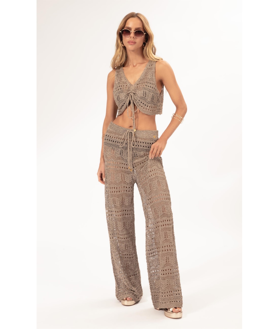Top Tricot Lurex Rendado Ouro