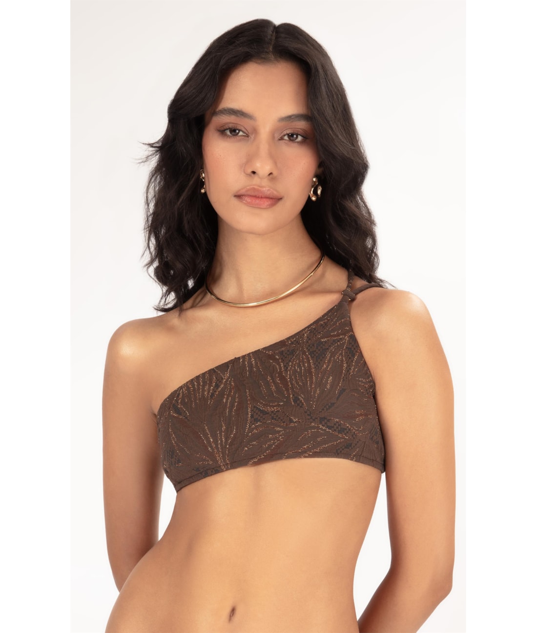 Top Um Ombro Só Jacquard Foliage Cafe