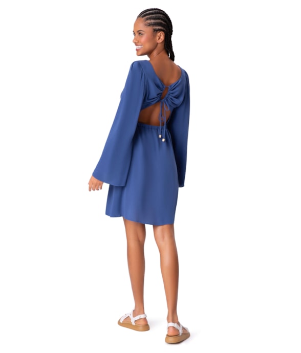 Vestido Amarração Crepe Slub Azul Bic