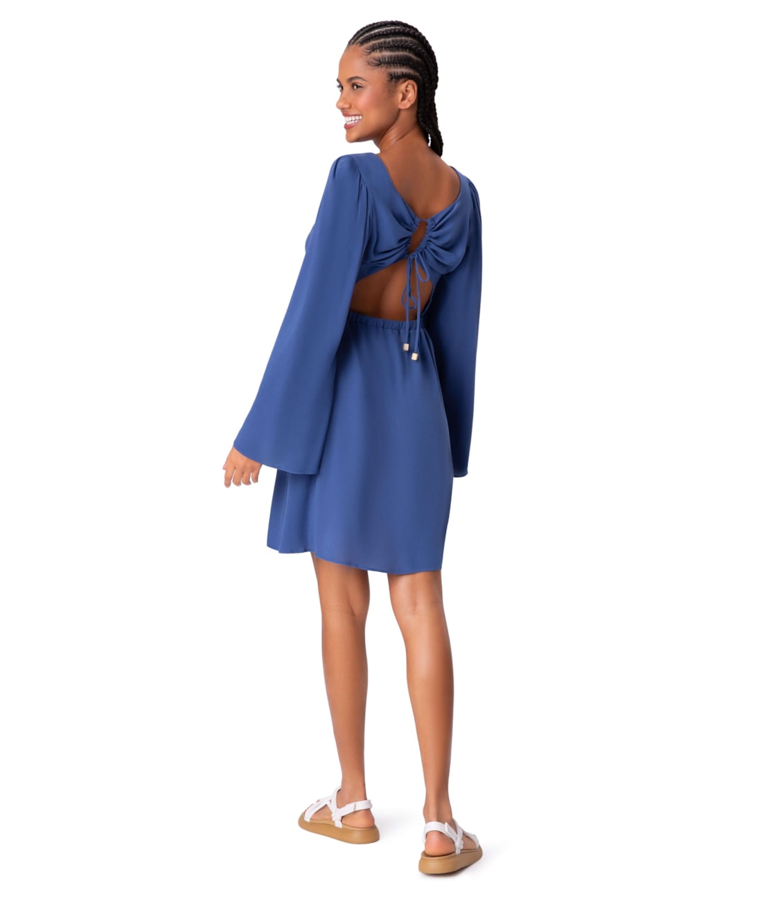 Vestido Amarração Crepe Slub Azul Bic