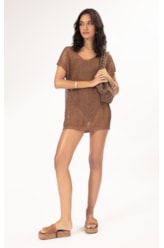 Vestido Curto Com Manga Tricot Lurex Caramelo