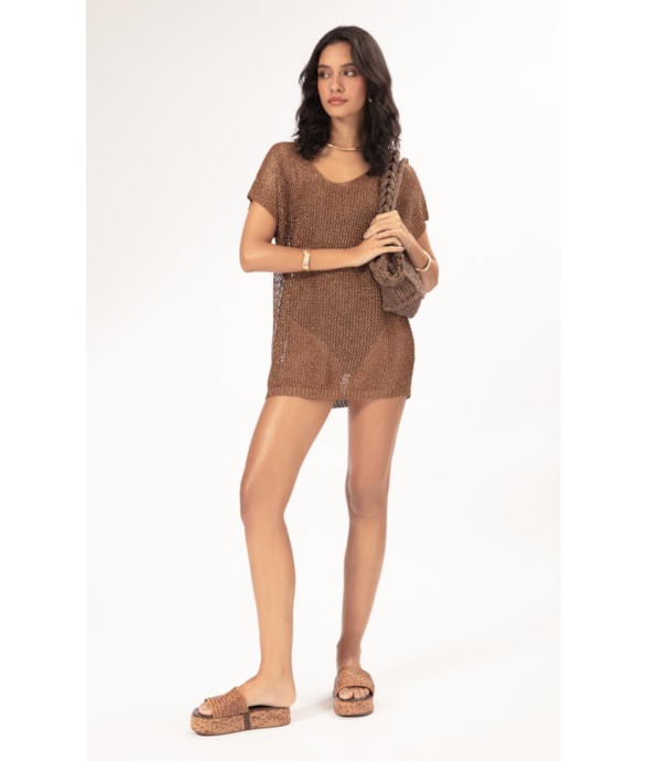 Vestido Curto Com Manga Tricot Lurex Caramelo