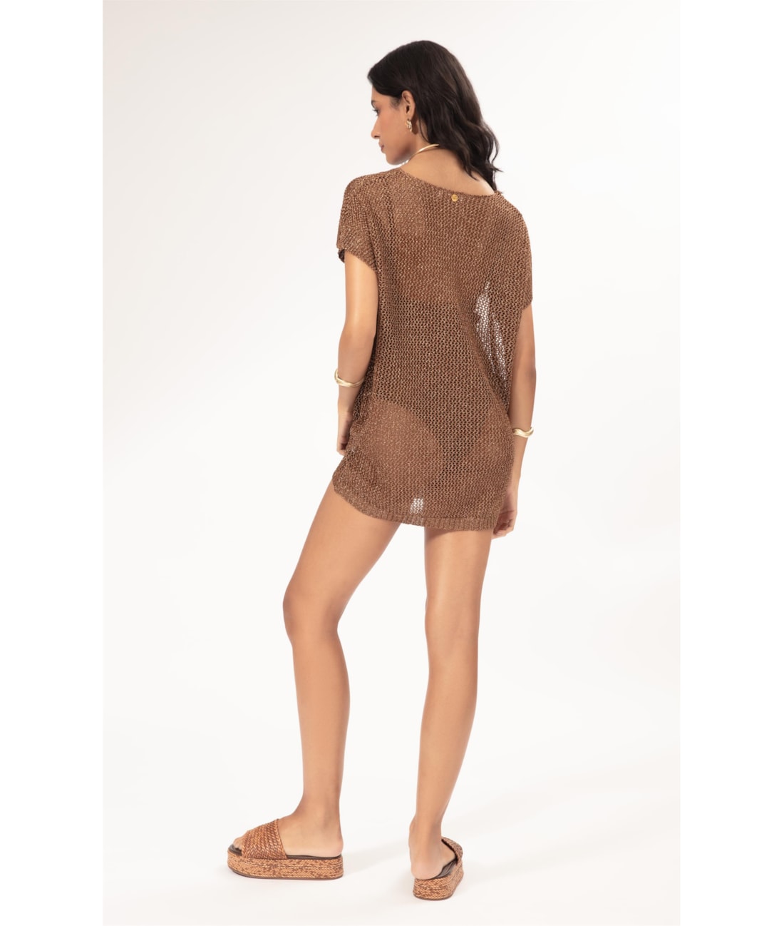 Vestido Curto Com Manga Tricot Lurex Caramelo