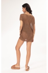 Vestido Curto Com Manga Tricot Lurex Caramelo