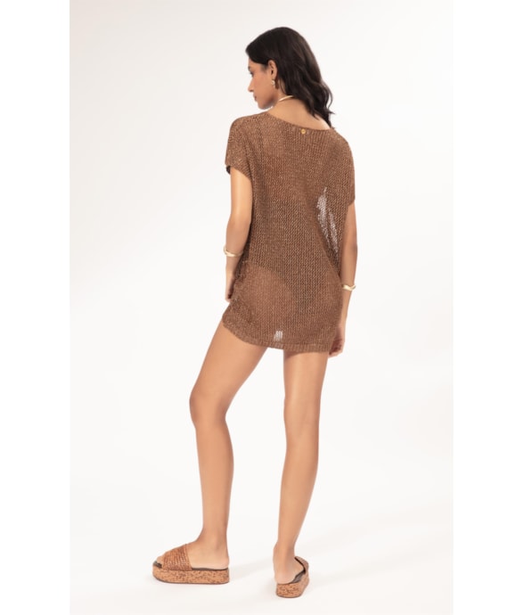 Vestido Curto Com Manga Tricot Lurex Caramelo