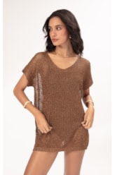 Vestido Curto Com Manga Tricot Lurex Caramelo