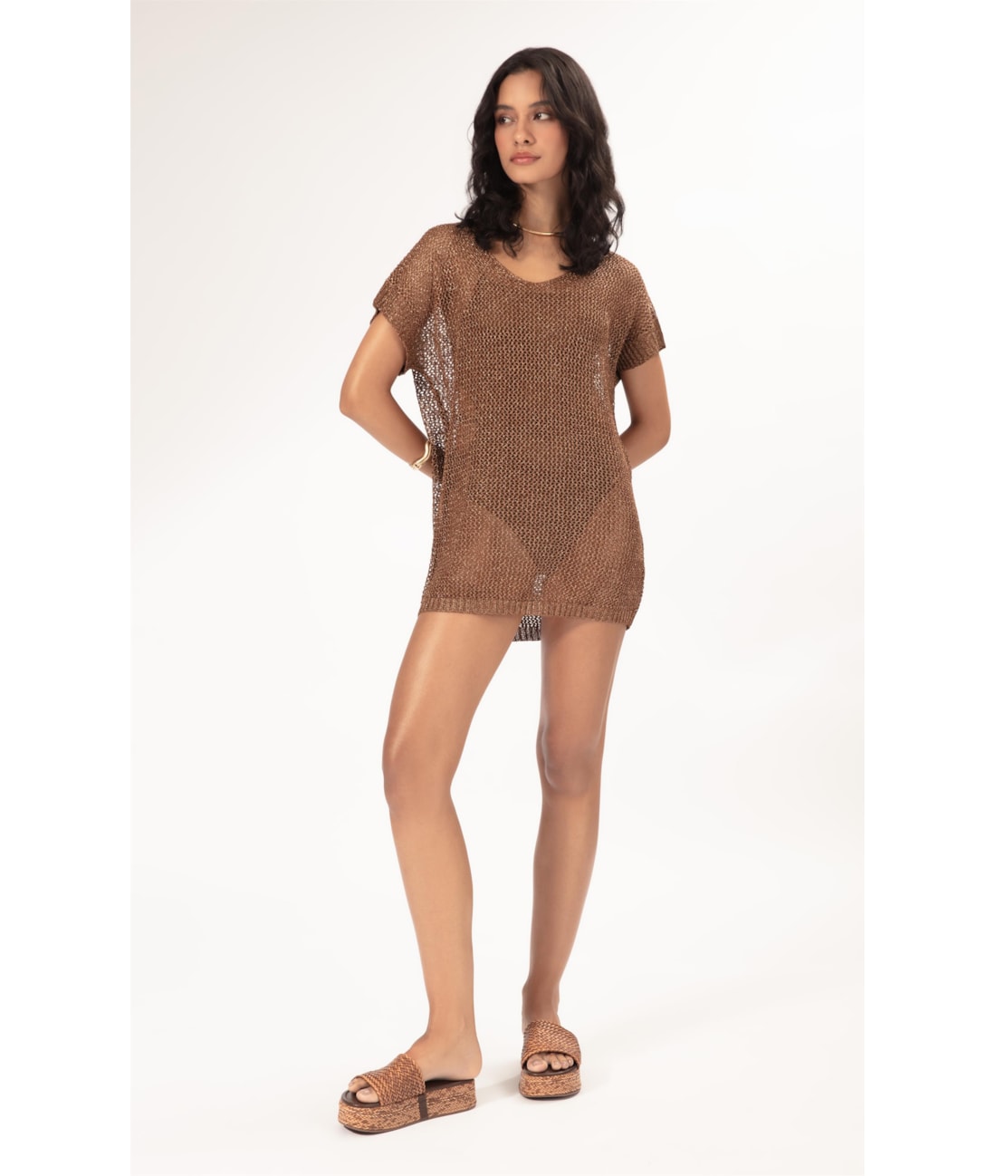 Vestido Curto Com Manga Tricot Lurex Caramelo