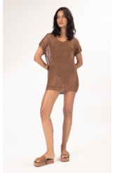 Vestido Curto Com Manga Tricot Lurex Caramelo