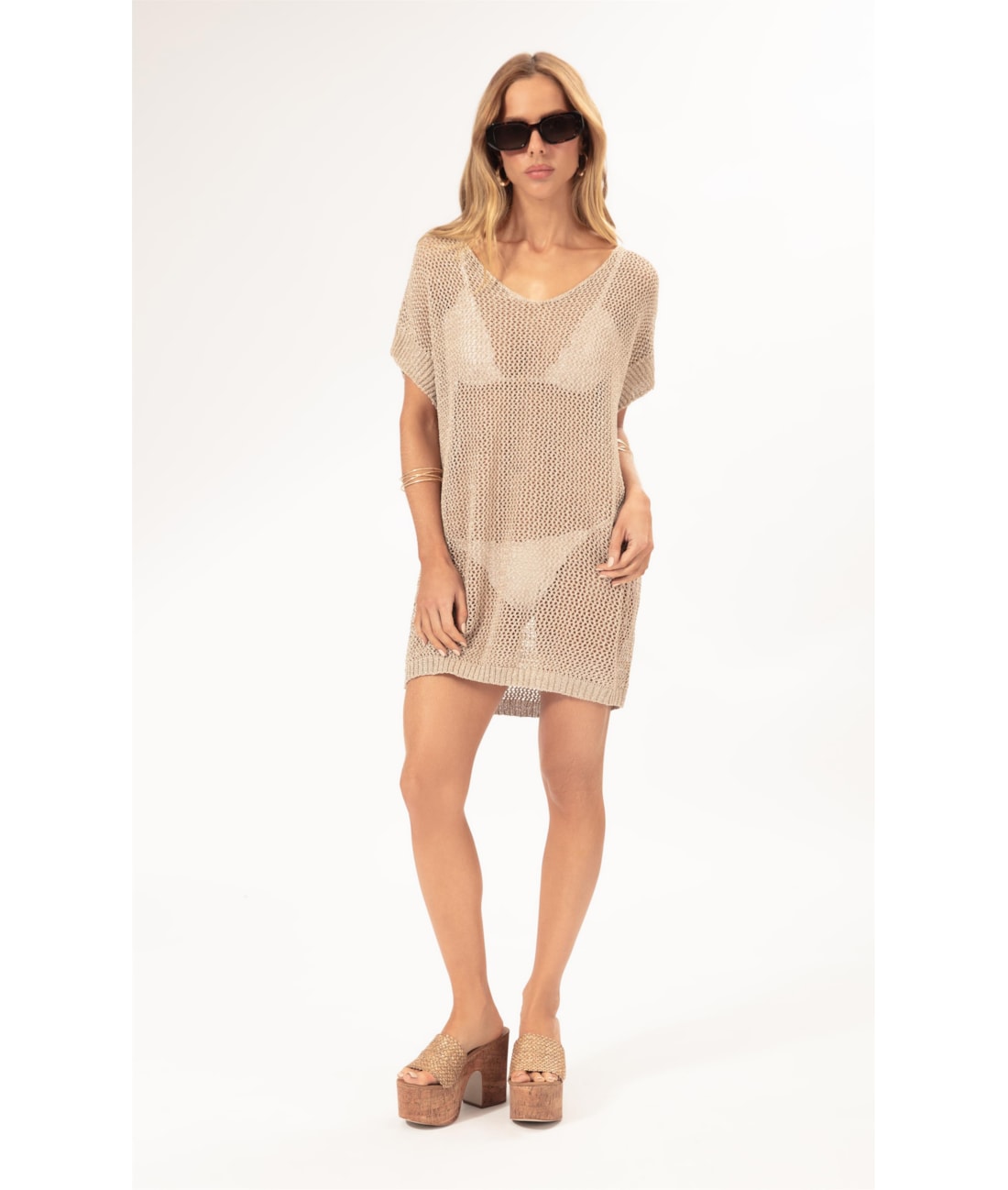 Vestido Curto Com Manga Tricot Lurex Dourado