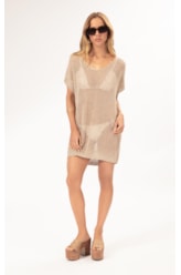 Vestido Curto Com Manga Tricot Lurex Dourado