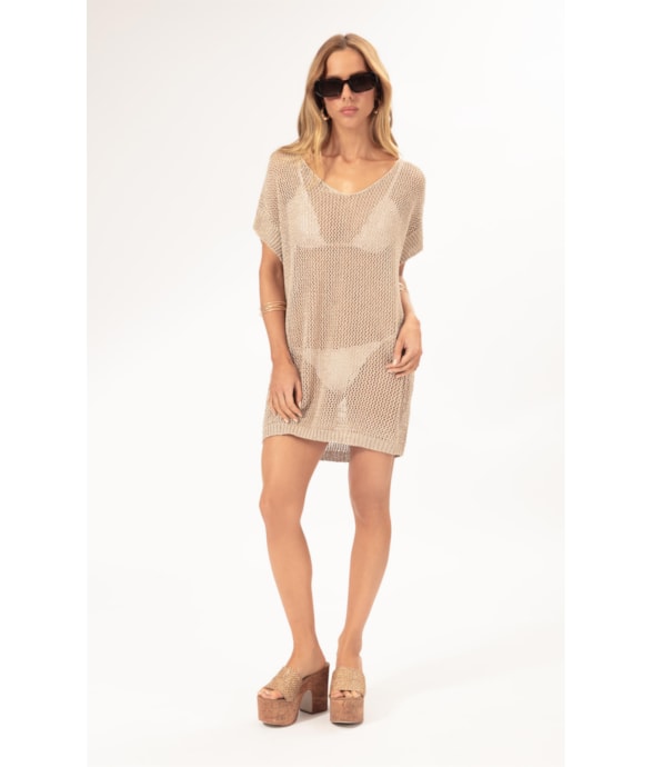 Vestido Curto Com Manga Tricot Lurex Dourado