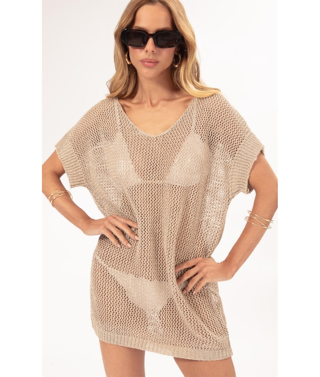 Vestido Curto Com Manga Tricot Lurex Dourado