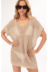 Vestido Curto Com Manga Tricot Lurex Dourado