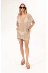 Vestido Curto Com Manga Tricot Lurex Dourado