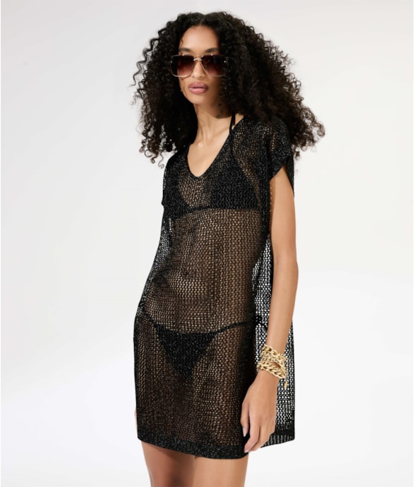 Vestido Curto Com Manga Tricot Lurex Preto