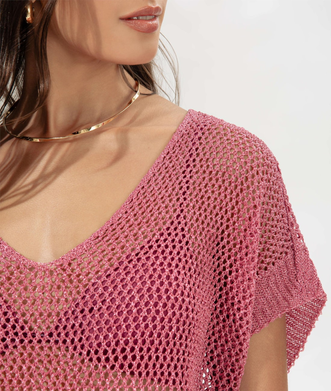 Vestido Curto Com Manga Tricot Lurex Rosa