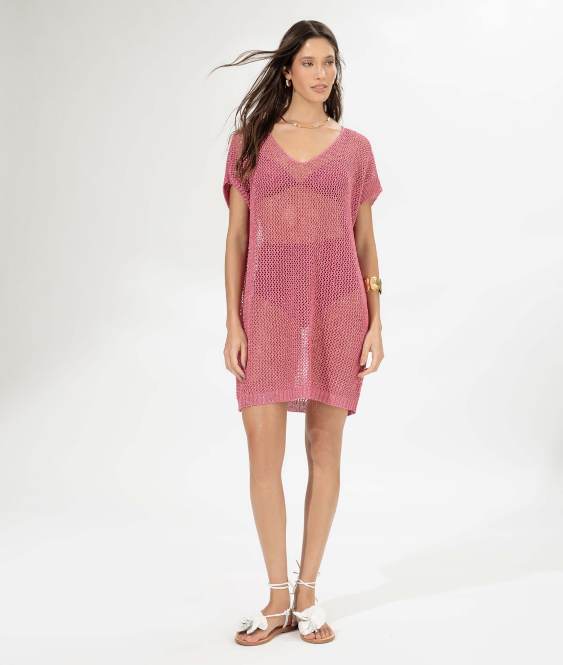 Vestido Curto Com Manga Tricot Lurex Rosa