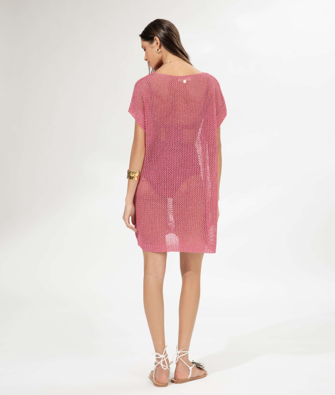 Vestido Curto Com Manga Tricot Lurex Rosa