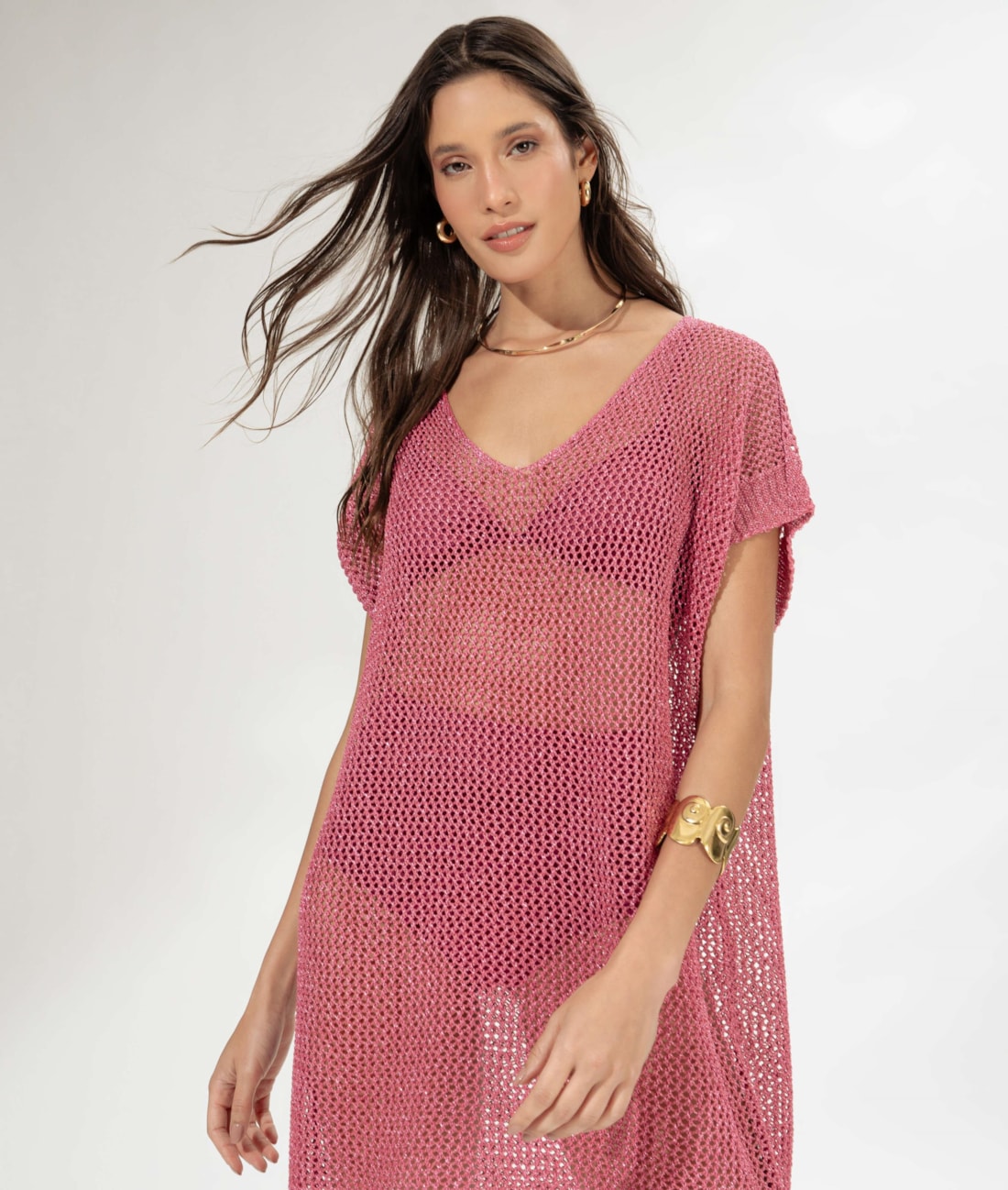 Vestido Curto Com Manga Tricot Lurex Rosa