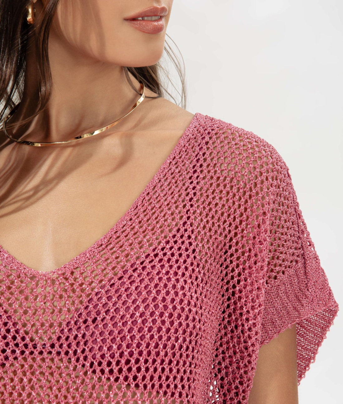 Vestido Curto Com Manga Tricot Lurex Rosa