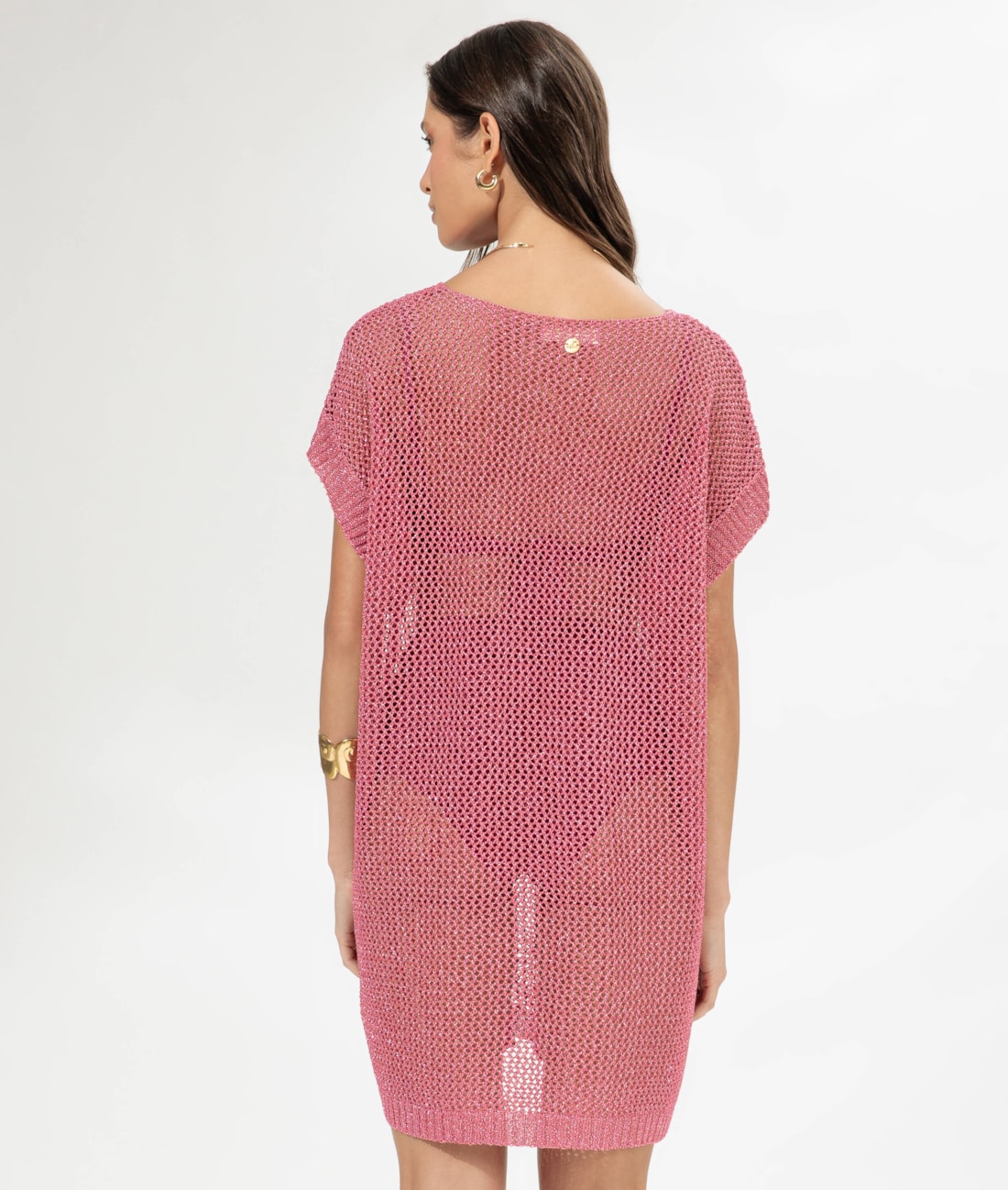 Vestido Curto Com Manga Tricot Lurex Rosa